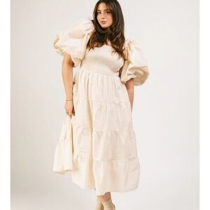 ZOCO Vintage-inspired Puff Sleeve Midi Dress in Cream SZ Large